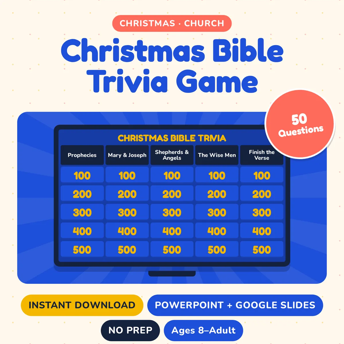 Christmas Bible Trivia Game Show: 50 Questions, instant download